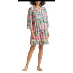 LILLY PULITZER Martine Long Sleeve Dress Small Pink Green Ruffle Tropical Beach